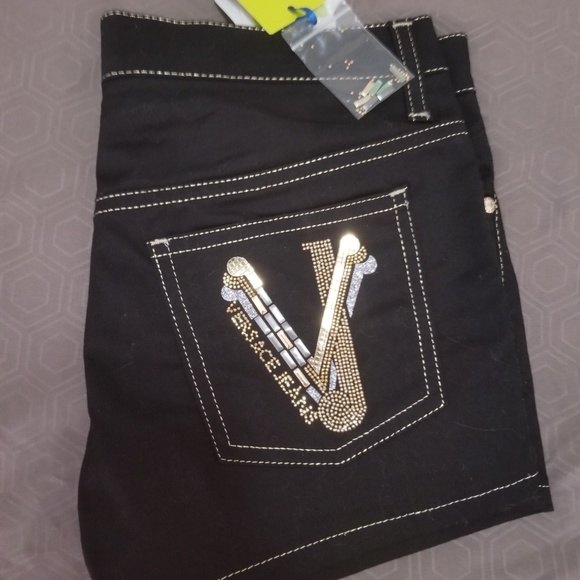 VERSACE Black Embellished Jeans Shorts - Picture 4 of 5